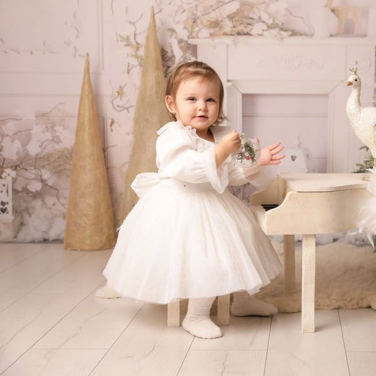 Elegant Dress for Girls Cotton Cream Tull with Polka Dots AnneBebe