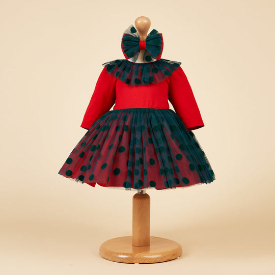 Elegant Dress Long Sleeve Girls Red Tulle Skirt Green Polka Dots Anne Bebe