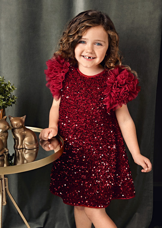 Red Velvet Long Sleeve Dress with Roses at Waist 5529 Abel & Lula