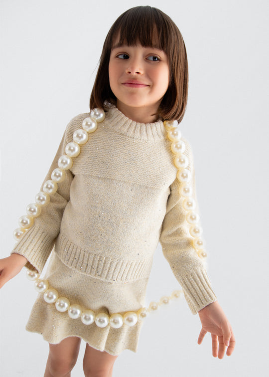 Set Fete Tricotat Bej Cu Paiete Fusta Si Bluza 5543 Abel & Lula