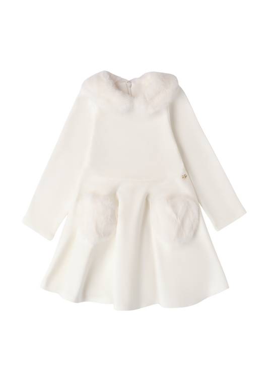 Cream Long Sleeve Dress with Fur Collar 0A270 Sarabanda