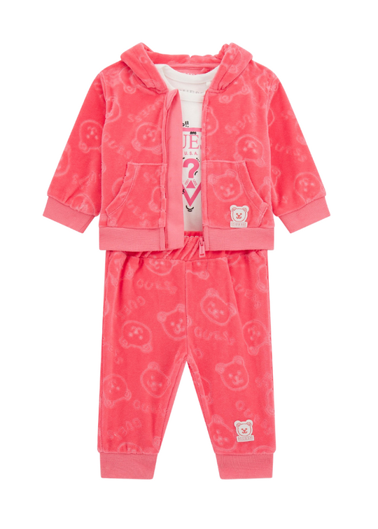 3 Piece Tracksuit Fuchsia Velour Sweatshirt and Pants and Bear Bodysuit H4BW05 KAVN4 G64H Guess