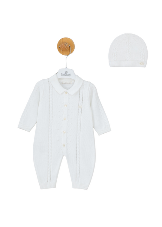 Long White Knitted Jumpsuit with Collar and Buttons and Frill 7431 Leo King