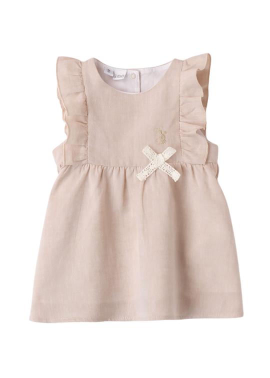 Beige Linen Dress with Cotton and Ruffled Sleeves 8134 iDO