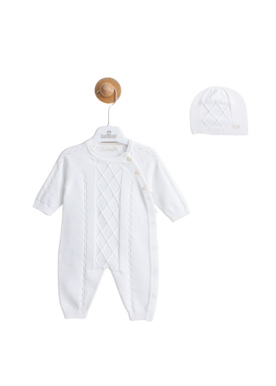 Long White Knitted Jumpsuit with Buttons with Diamond Pattern and Fes 7424 Leo King