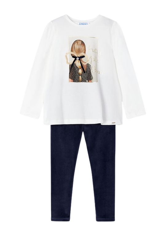 Set of 2 pieces cream blouse with long sleeves and navy blue velor tights 4705 Mayoral