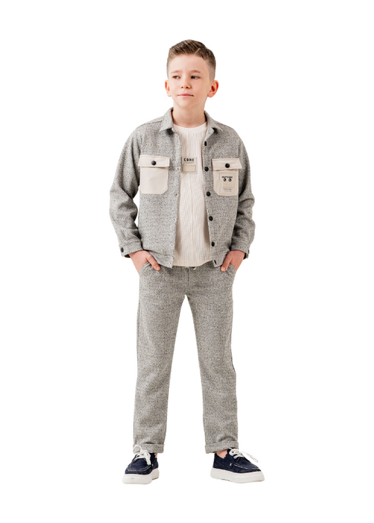 3 Piece Set Grey Jacket and Pants Cream T-Shirt 6882 Hype&Grata