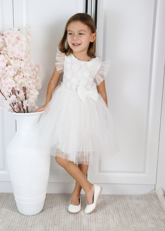 Ivory Bust Tulle Ceremony Dress with Glitter and Flower Appliques M0615 Connie Baby