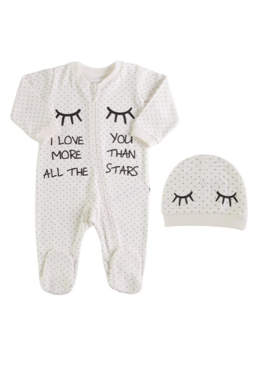 Set of Cream Long Jumpsuit with Picks and Fes Sleepy Eyes in Organic Cotton S71948 KitiKate