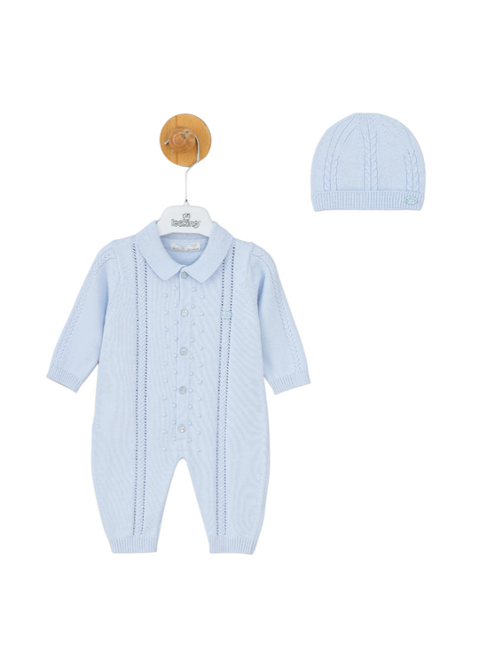 Blue Long Knitted Jumpsuit with Collar and Buttons and Frill 7431 Leo King