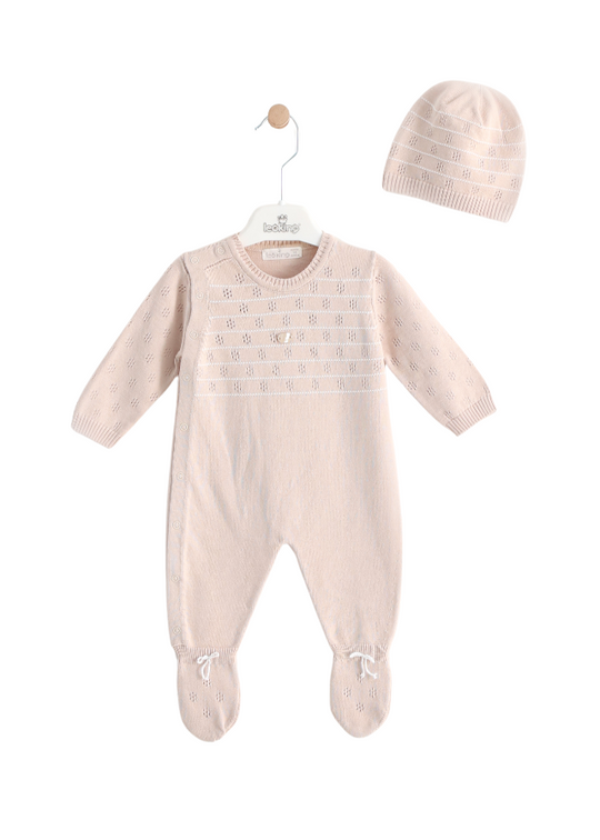 Long beige knitted overall with white stripes on the chest 7399 Leo King