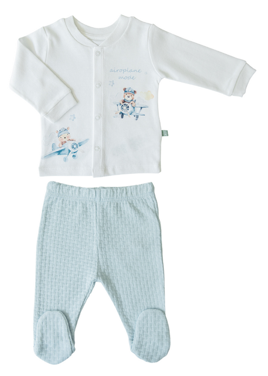 2 Piece Set Cream with Blue Bear Organic Cotton Blouse and Pants S41084 KitiKate