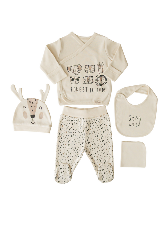 5 Piece Set Newborn Organic Cotton Beige Forest Animals S27767 Kitikate