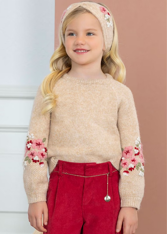 Beige Sweater Set with Embroidered Flowers on the Sleeves and Matching Headband 5860 Abel & Lula