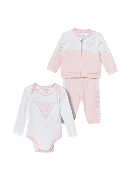 3 Piece Tracksuit White with Pink Bodysuit Sweatshirt and Pants H4YW00 KA6W4 FN33 Guess