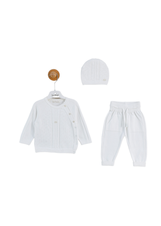 3 Piece White Knitted Set Blouse Long Pants and Hat 8533 Leo King