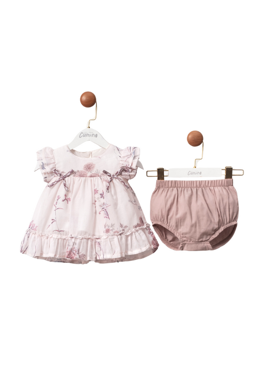 Cream dress with purple print and purple panties 3457 Mino Baby