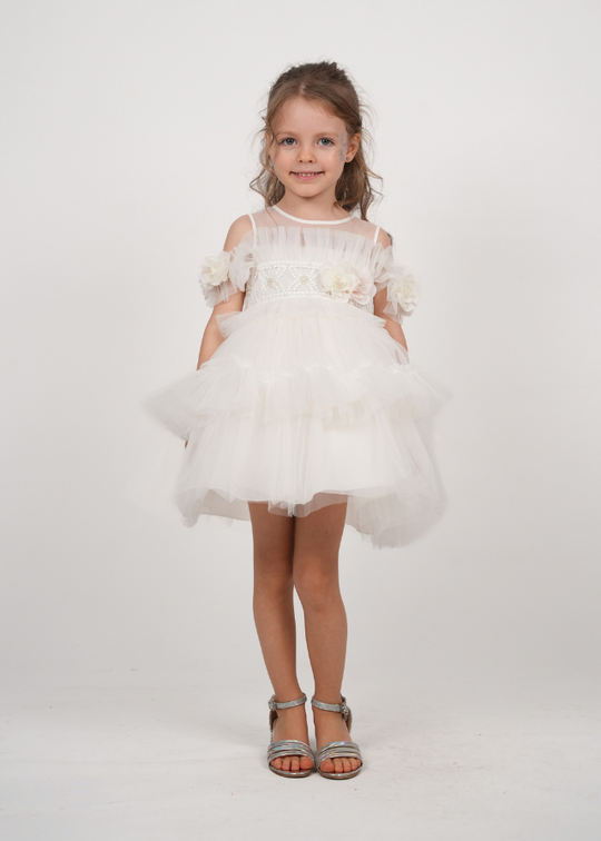Cream Ceremony Dress Tulle Skirt Lace on Bust and Applied Flowers 3204 Mon Princess