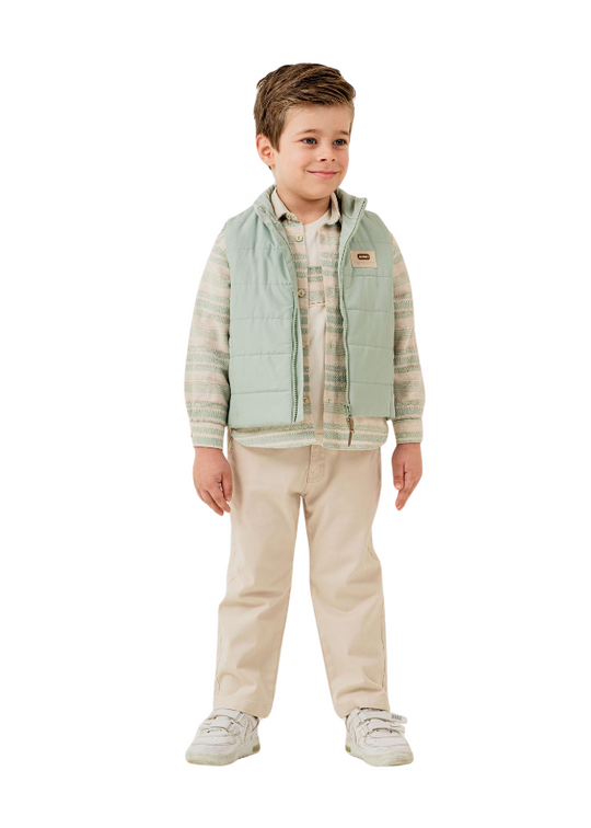 4 Piece Set Cream T-Shirt Beige Long Pants Green Striped Shirt and Green Plaid Vest 6565 Hype&Grata