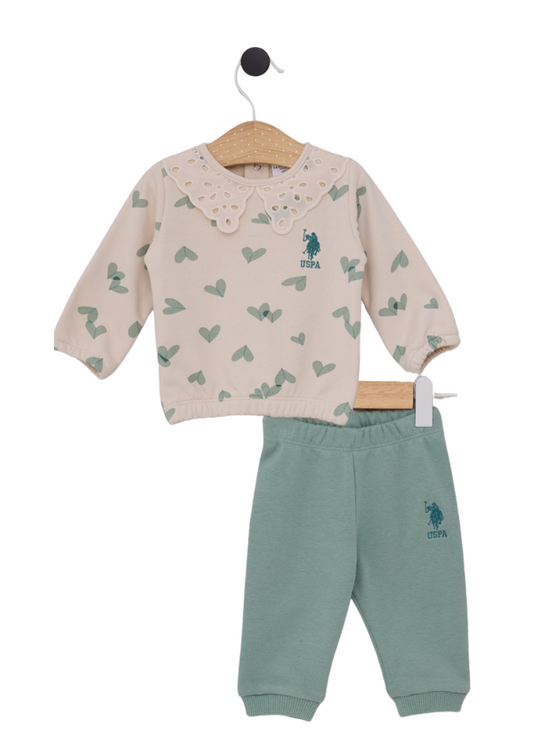 Casual 2 Piece Set Beige Blouse with Green Heart Print and Green Pants USB2169 V1 Us Polo Assn