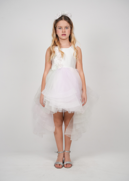 White Tulle Ceremony Dress with Train Flowers Applied to the Bust 3104 Mon Princess