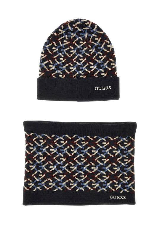 Navy Blue Knitted Hat and Scarf Set with Print L4BZ02 Z2QP0 P7P9 Guess