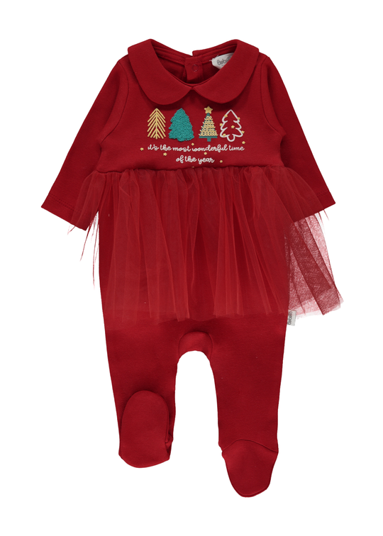 Salopeta Lunga Rosie cu Volan Tulle si Imprimeu Brazi Craciun K4626 Bebetto