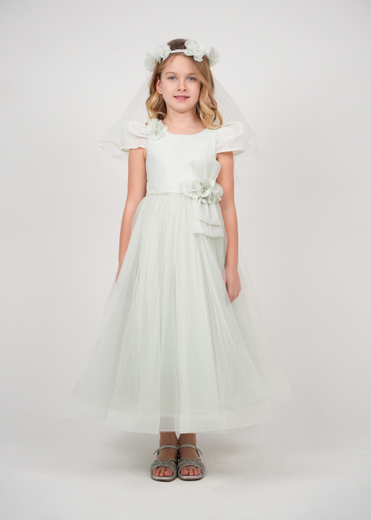 Long Green Ceremony Dress with Tulle Skirt, Short Organza Sleeves and Rhinestones at the Waist 3176 Mon Princess
