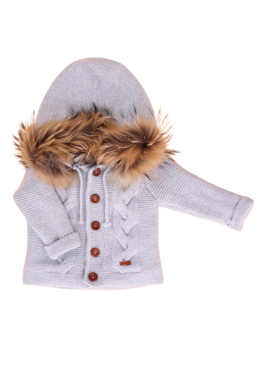 Blue Merino Wool Knitted Jacket with Fur Hood 8906 Leo King