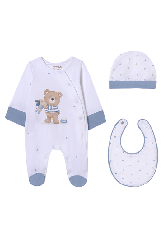 Set of 3 Pieces, Long Jumpsuit, Fes and White Bib with Blue and Bear Print Better Cotton 9448 Mayoral