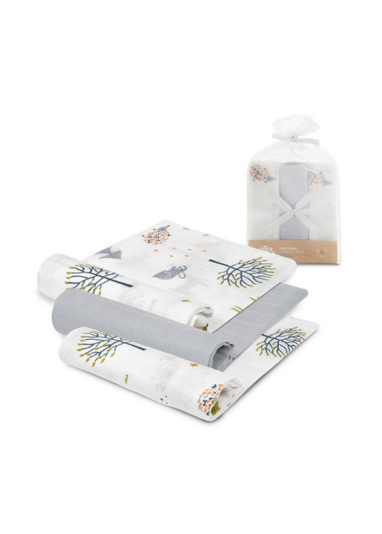 Set of 3 Bamboo Muslin Diapers White-Grey with Tree Print 55x70 cm 98975-31 Interbaby