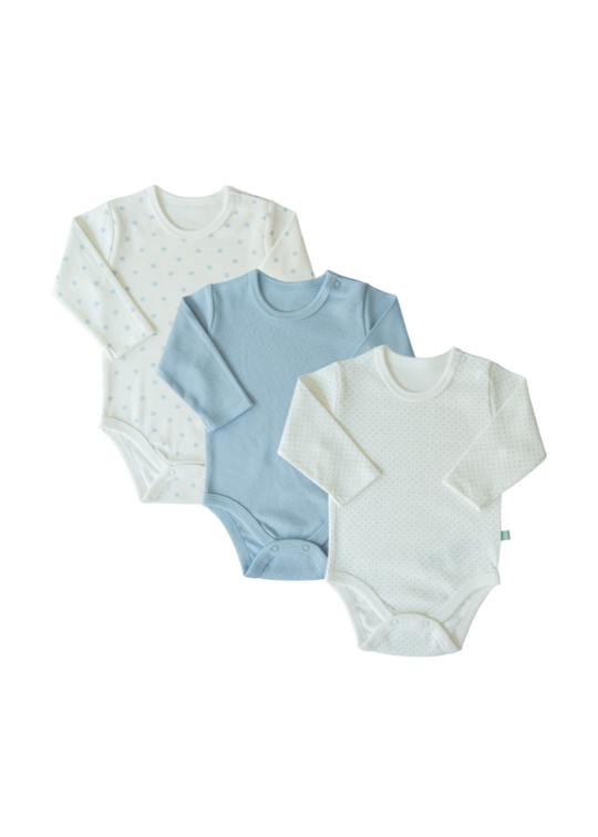 Set of 3 Long-Sleeve Organic Cotton Body Cream with Blue Stars and Spots S43378 KitiKate