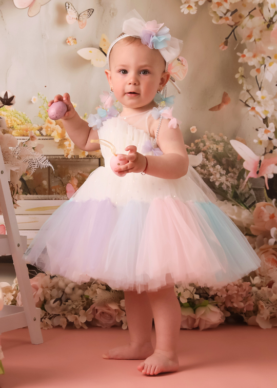 Ivory Tulle Ceremony Dress with Polka Dots and Multicolor Ruffle 2970 Mon Princess