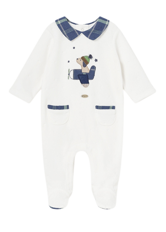 Long Cream Velor Jumpsuit with Navy Blue and Catel Plaid Collar 2793 col 63 Mayoral