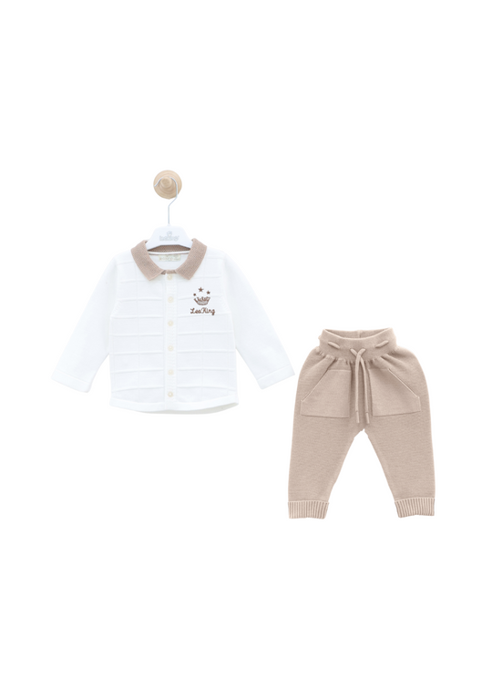 Set 2 Piese Cardigan Alb cu Bej cu Guler si Pantaloni Lungi Bej 8013 Leo King