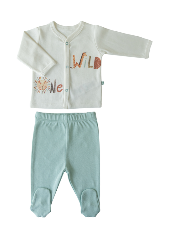 Set 2 Piese Crem cu Verde Bluza si Pantaloni Bumbac Organic Wild One S58822 Kitikate
