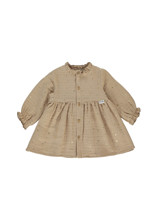 Rochie din Muselina Bej cu Maneca Lunga cu Nasturi si Stele K4897 Bebetto