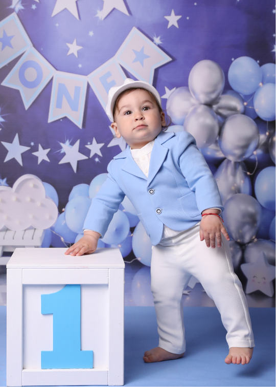 Toma Suit Blue Jacket Cream Pants Patterned Shirt AnneBebe