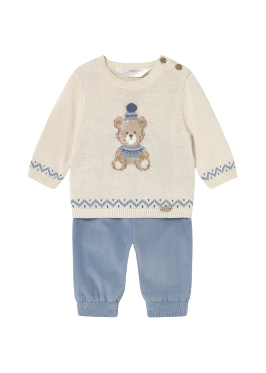 Set 2 Piese Pantaloni Lungi Raiat Albastru si Pulover Crem cu Urs 2580 Mayoral