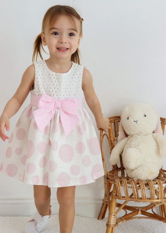 Ivory Sleeveless Cotton Embroidery Bust Dress and Big Polka Dot Skirt Pink M0638 Connie Baby