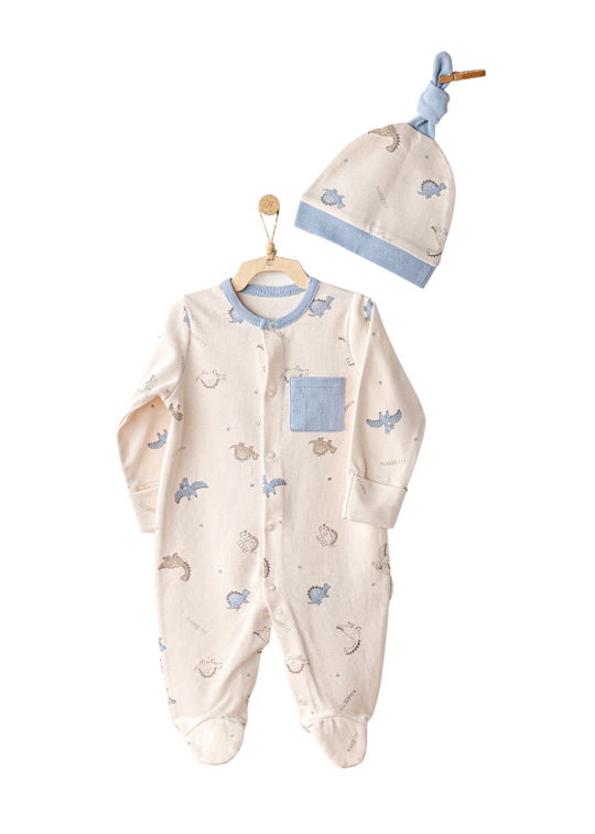 Long Beige Jumpsuit Set with Blue Dinosaur Print and Headband AC25919 Andywawa