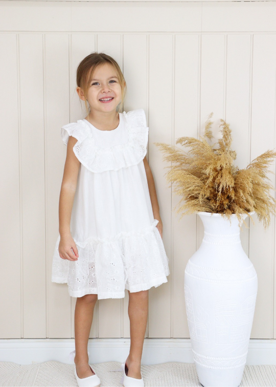 Ivory Sleeveless Dress with Ruffle Lace on Bust and Hem M0646 Connie Baby
