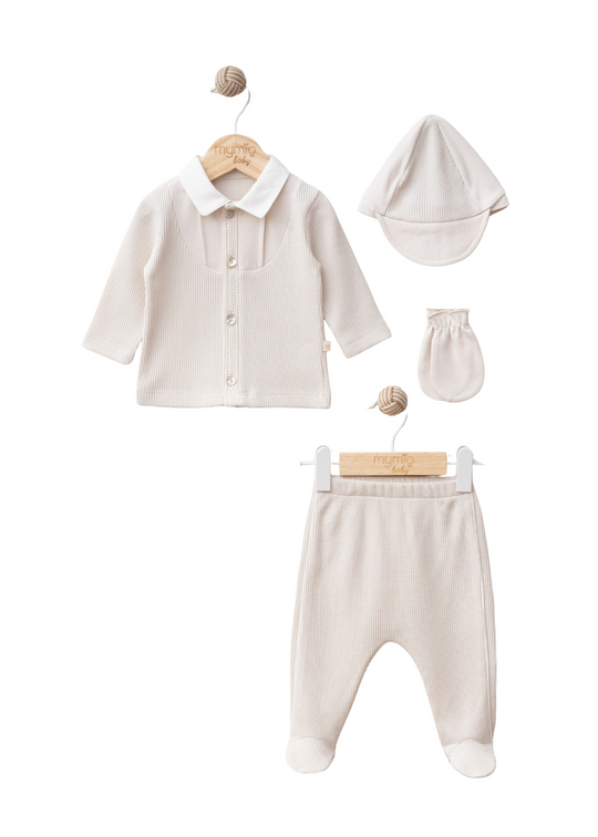 Set 4 Piese Nou Nascut Bej cu Sapca 4389 MyMio