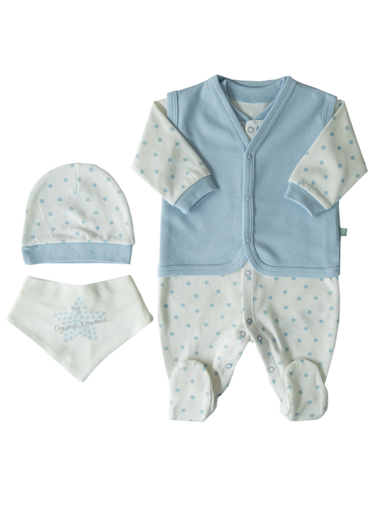 Set of 4 Organic Cotton White with Blue Stars Overalls with Fes Vest and Bib S31078 Kitikate