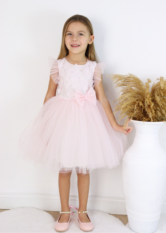 Bust Pink Tulle Ceremony Dress with Glitter and Flower Appliques M0615 Connie Baby