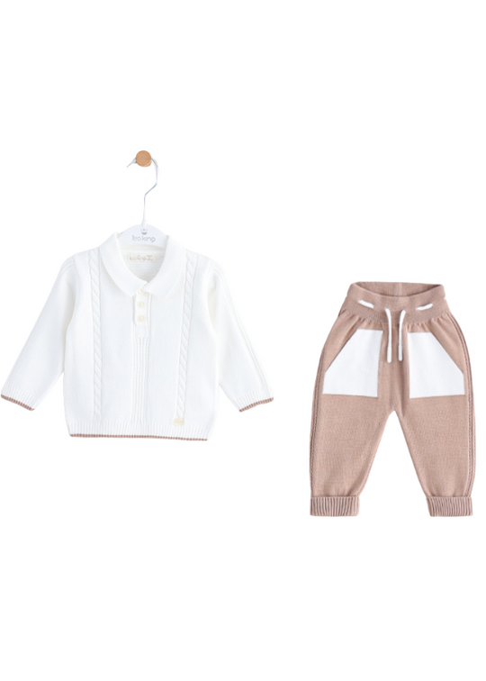 Set of 2 Pieces Knitted White Blouse Beige Pants 8523 Leo King