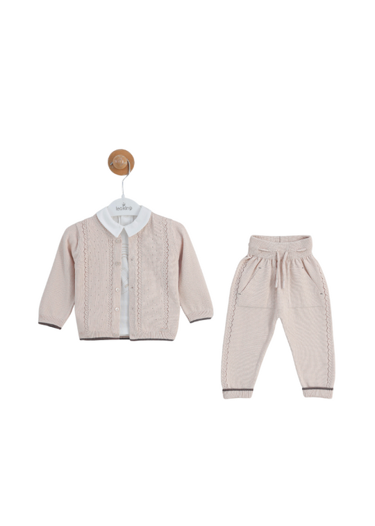 3 Piece Set Dark Beige Knitted Cardigan and Pants and Cream Blouse with Collar 8529 Leo King