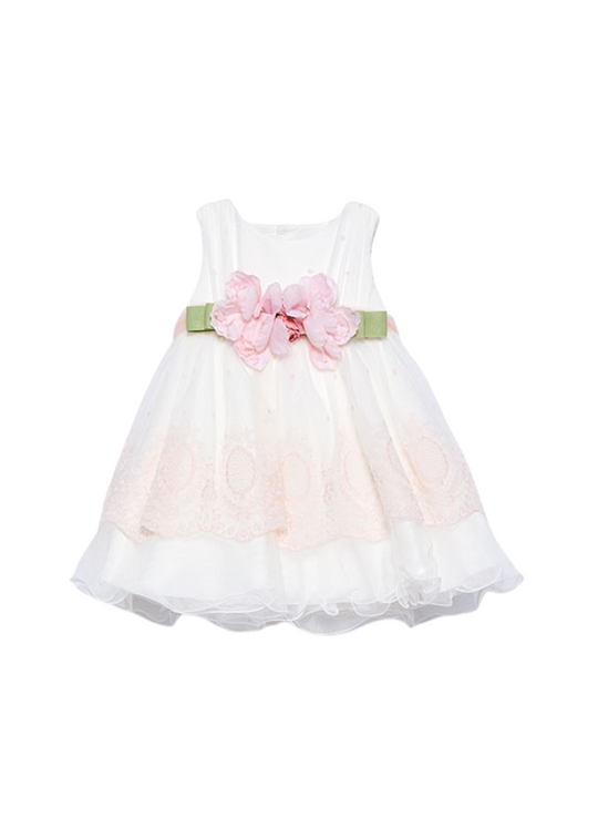 Ivory Sleeveless Ceremony Dress with Pink Lace Embroidery and Pink Flower Cord at Waist 5004 Abel & Lula