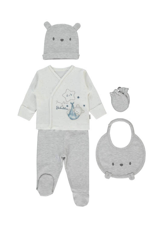 Set 5 Piese Nou Nascut Crem cu Gri cu Urs si Stea Z1062 Bebetto