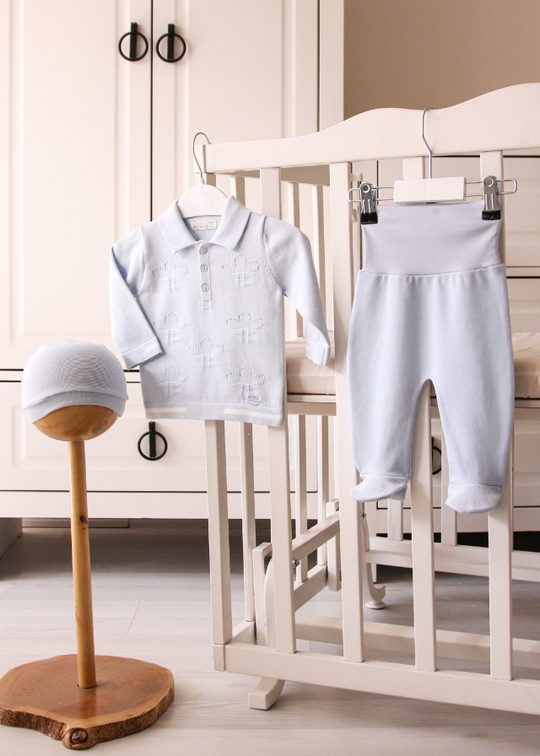 3 Piece Set Blue Knitted Blouse with Collar Pants and Cotton Hat 10817 Leo King